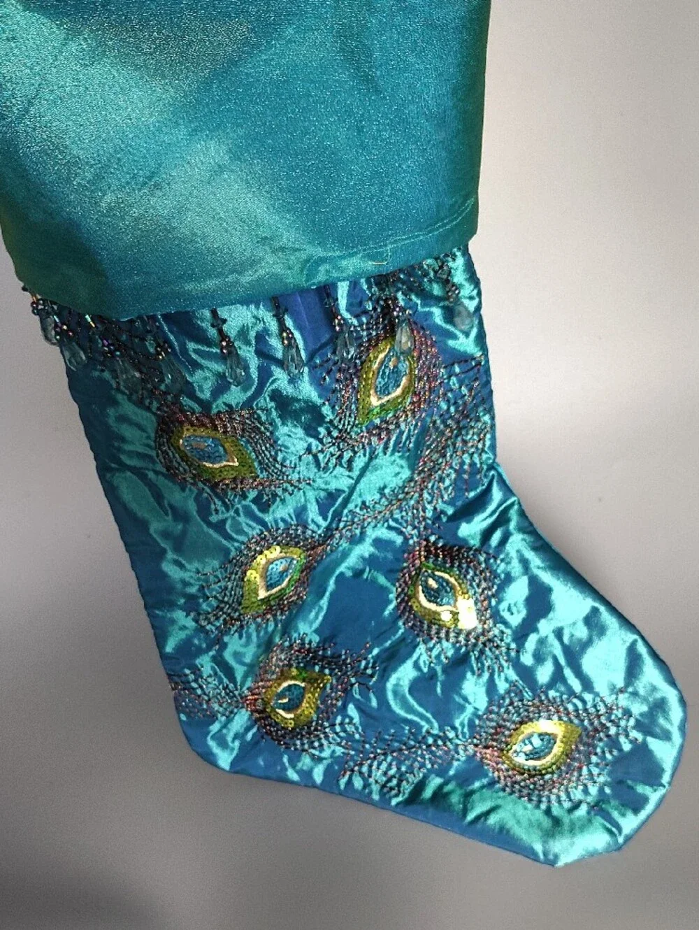 Teal Peacock-Embroidered Holiday Stocking